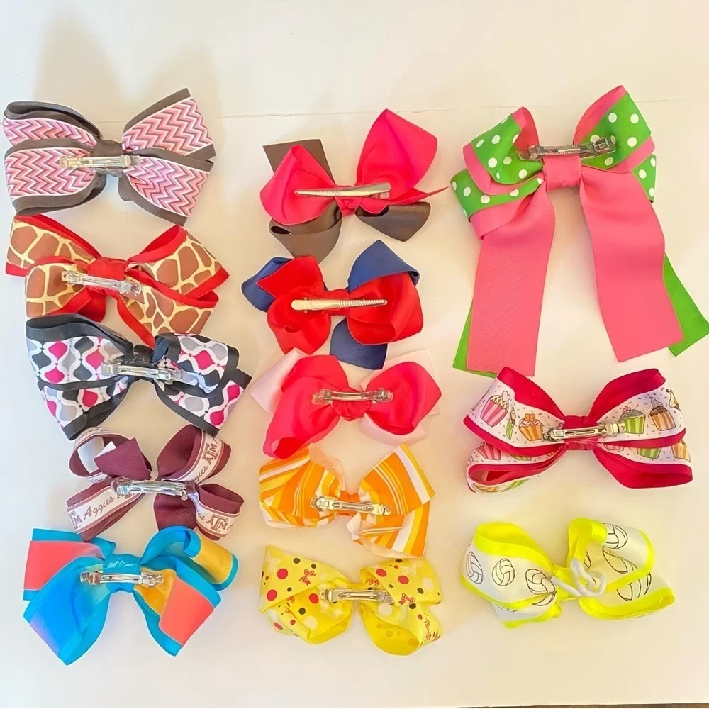 Big Girl’s Handmade Hair Bows Bundle - Lot of 12
